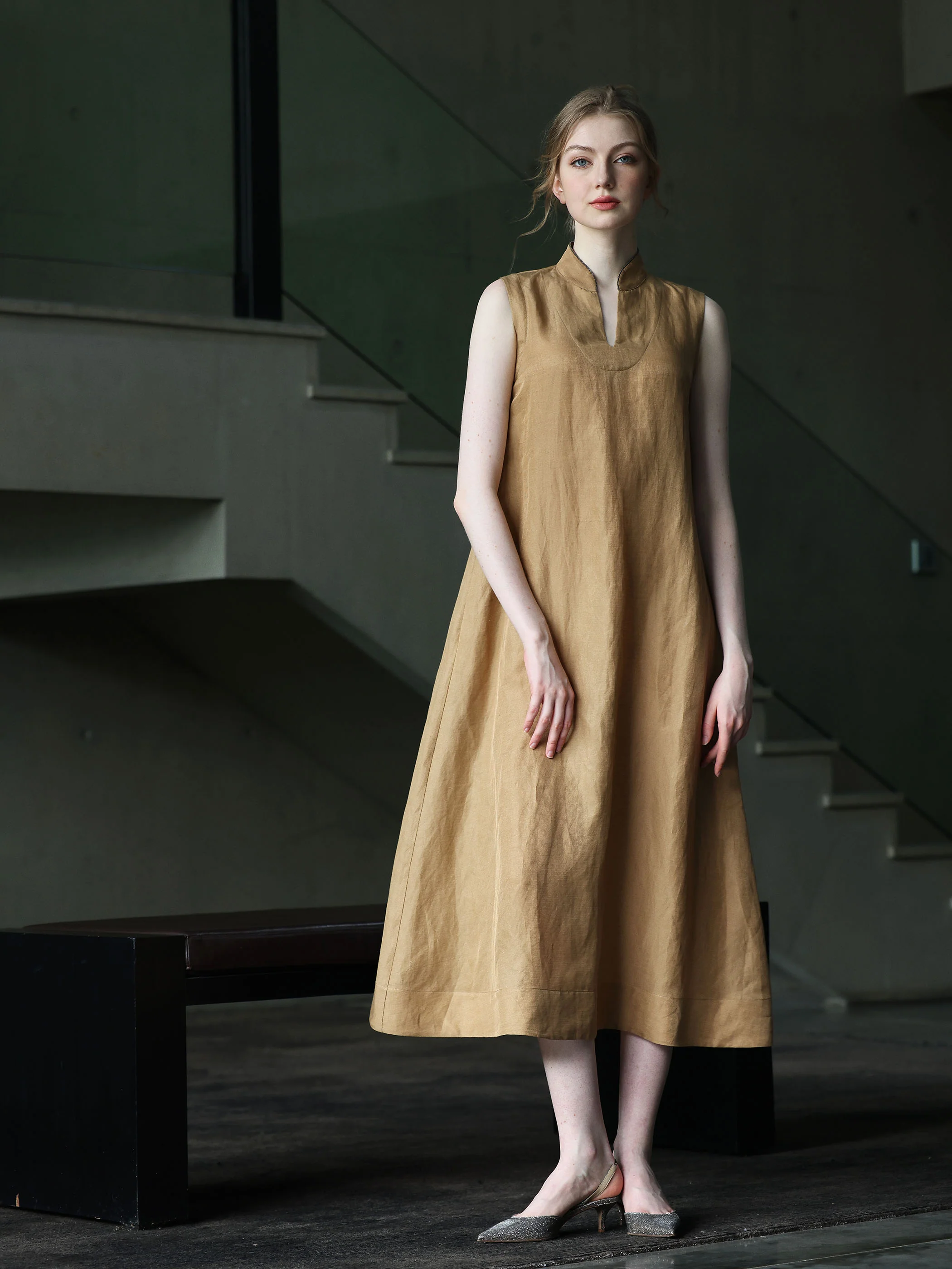 Mandarin Silk Linen Dress