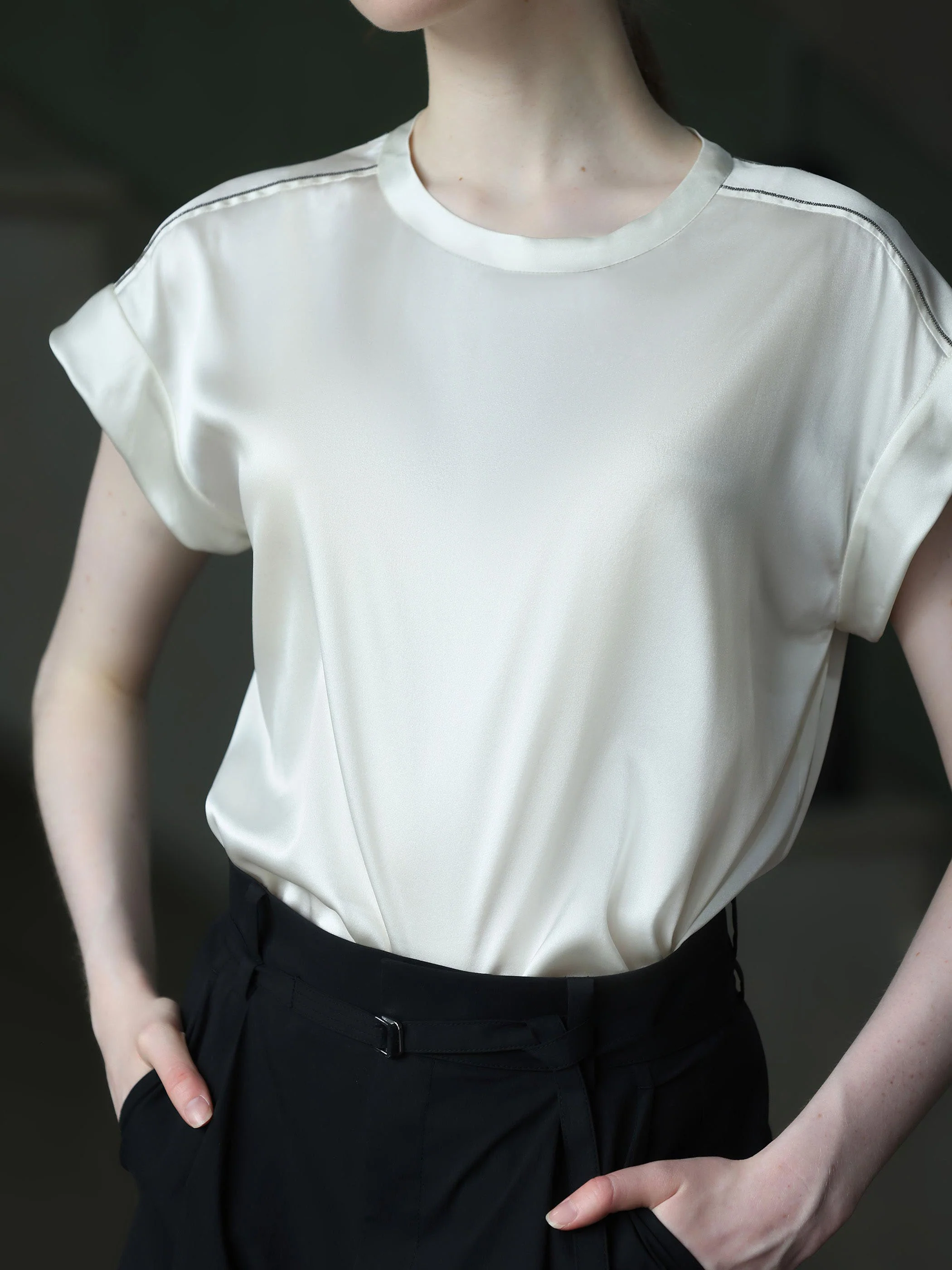 OPEN NECK CAP SLEEVE SILK BLOUSE W/ CHAIN DETAIL