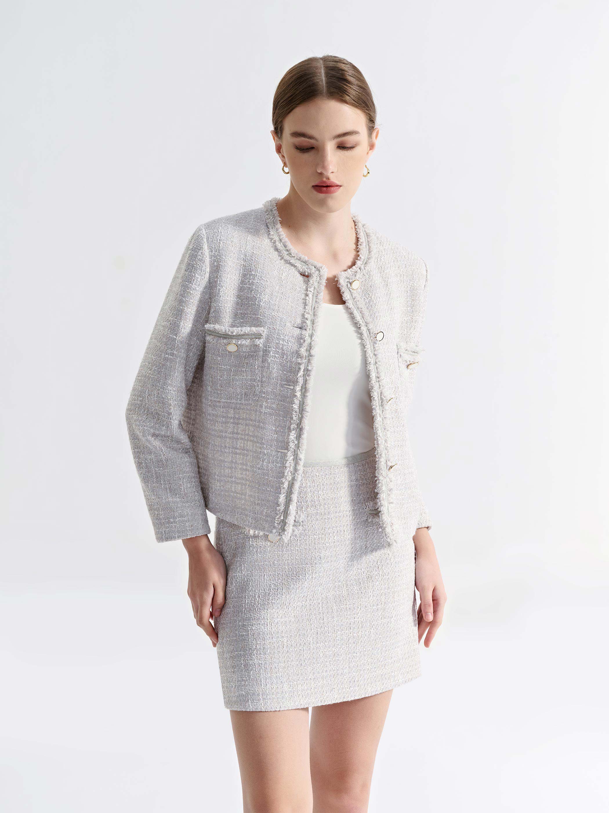 SYLVIA COLLARLESS DOUBLE POCKETS TWEED JACKET - Image 4