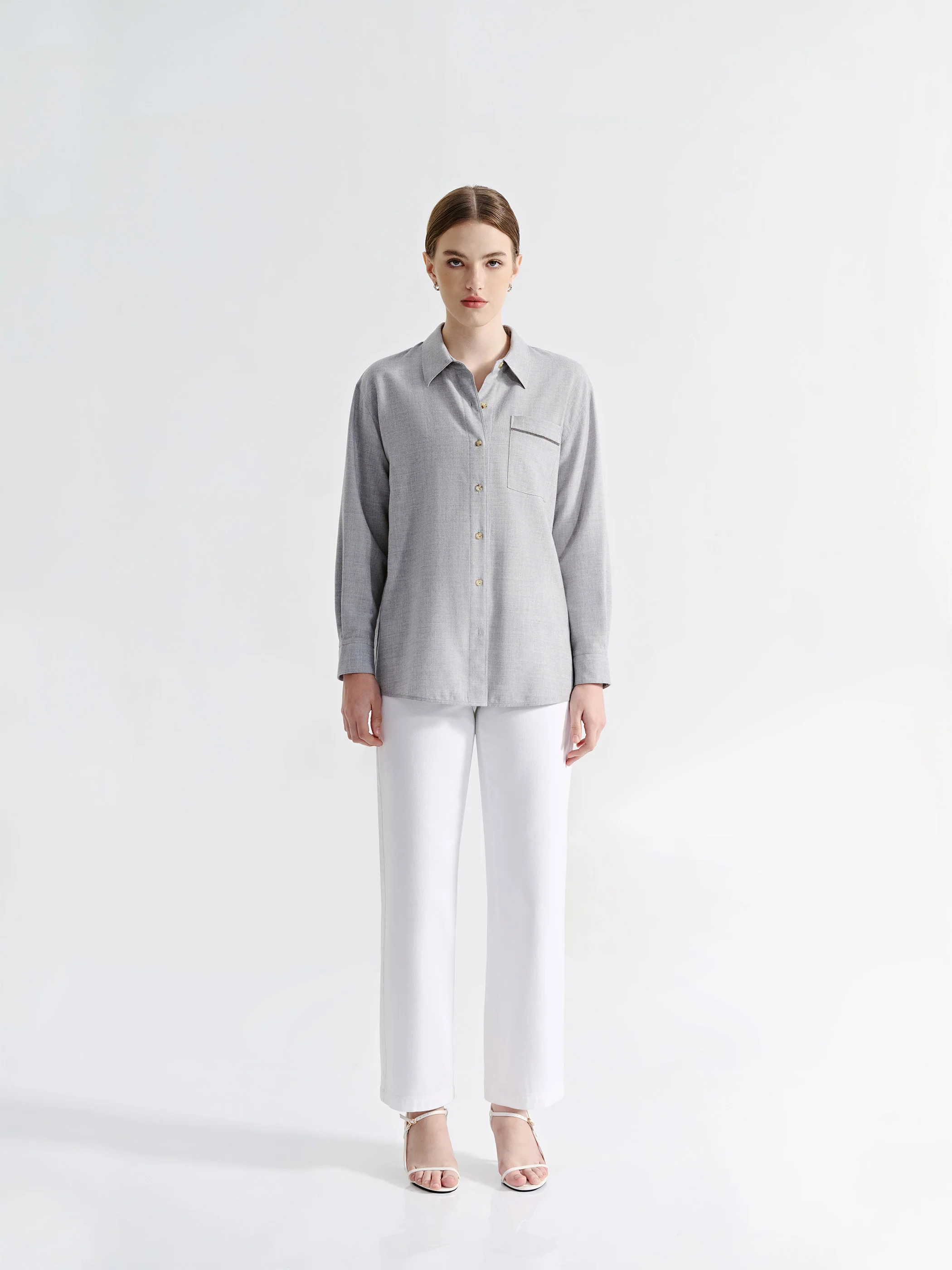 WOOL LONG SLEEVE BUTTON DOWN BLOUSE W/ TRIM DETAIL - Image 2